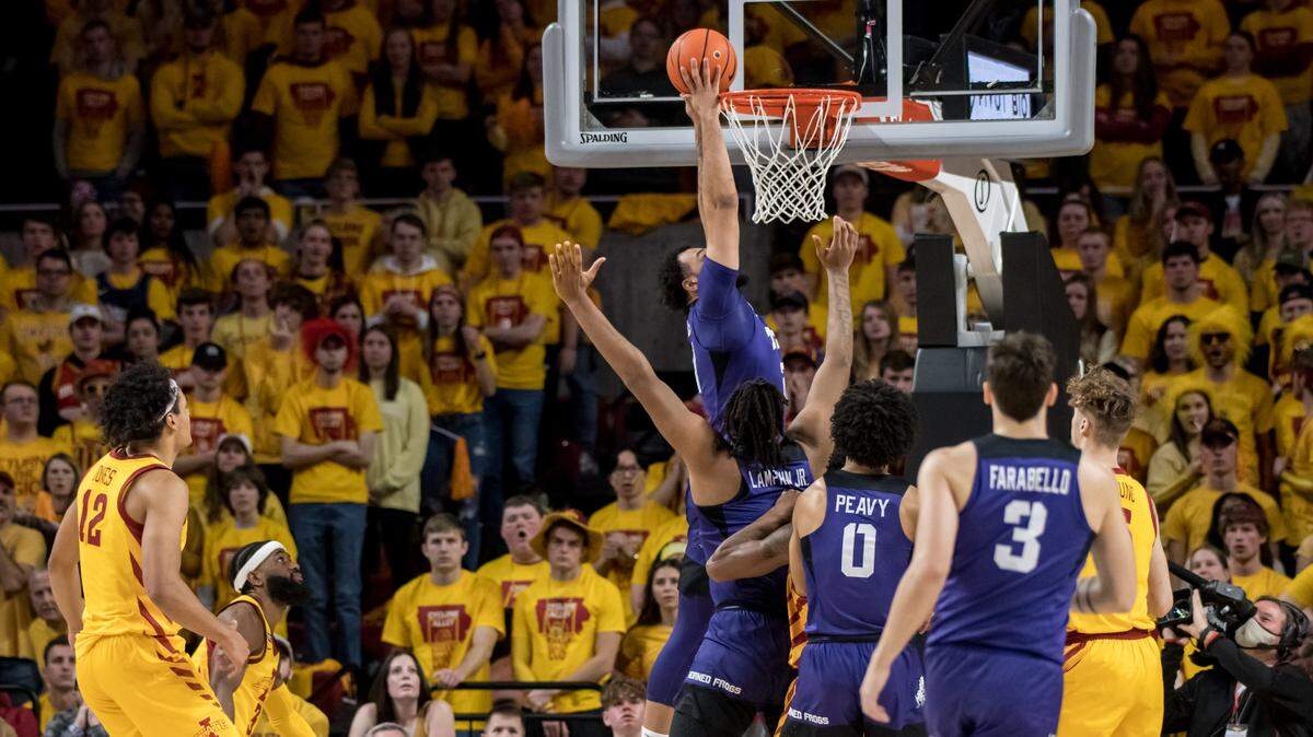 TCU’s JaKobe Coles makes an easy basket in the first half at Iowa State on Saturday afternoon at Hilton Coliseum in Ames, Iowa.