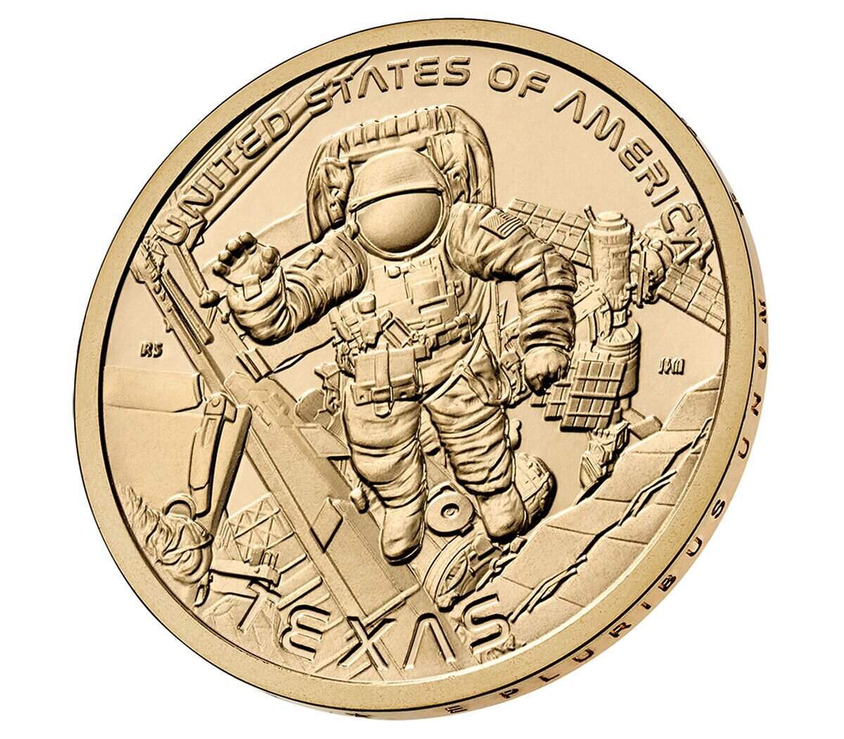 The tails side of a new $1 coin honoring American innovation features an image of an astronaut on a spacewalk, with the International Space Station floating in the background.