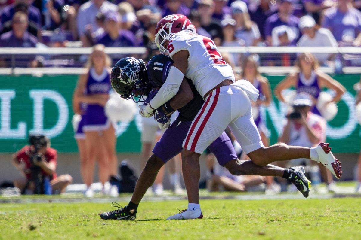 OU safety Trey Morrison tackles TCU wide receiver Derius Davis at the Amon G. Carter Stadium in Fort Worth, Texas, on Saturday, Oct. 1, 2022.