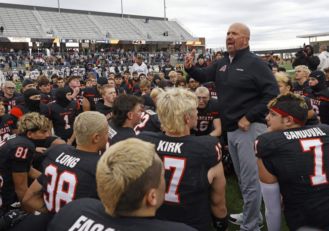 Aledo head coach Robby Jones talks to the team about the road ahead after defeating Fort Worth Arlington Heights in the UIL Class 5A Division I Regional on Friday Nov. 28, 2025 at Crowley ISD Multi-Purpose Stadium in Fort Worth, Texas.