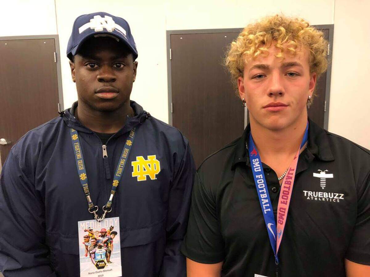 Nolan Catholic seniors NaNa Osafo-Mensah, left, and Chance Cover at True Buzz media day in Dallas, Friday July 27, 2018.