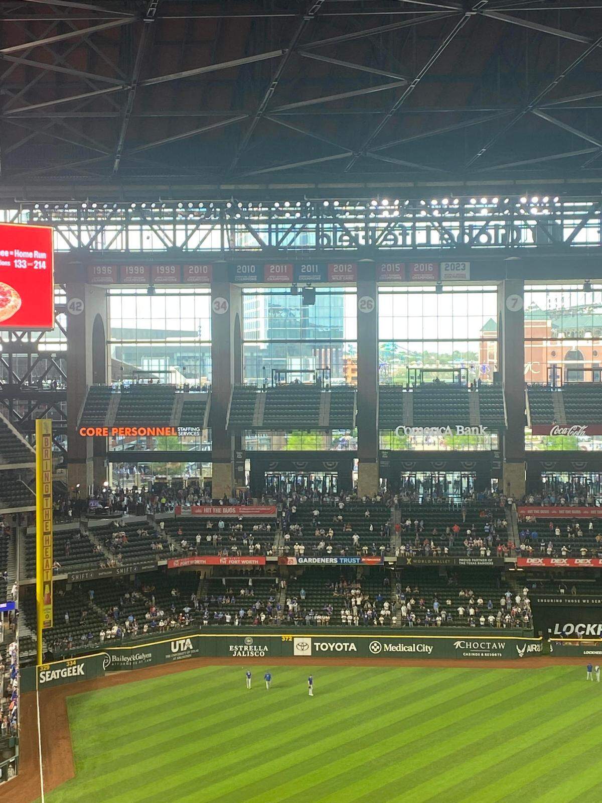 One of the Rangers’ two championship banners hanging in left field.