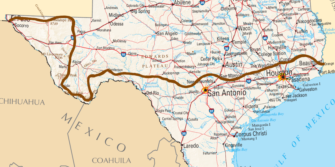 The proposed xTx route, spanning the width of Texas.