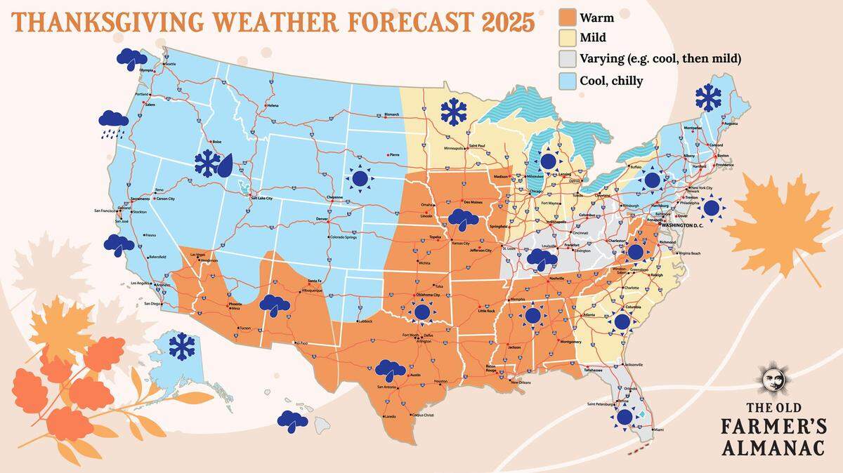 The Old Farmer’s Almanac’s Thanksgiving Day 2025 forecast.