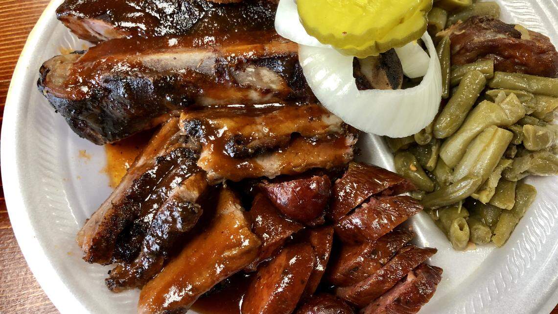 Brisket, ribs, sausage, green beans and okra at Smoke'N Ash BBQ in Arlington.