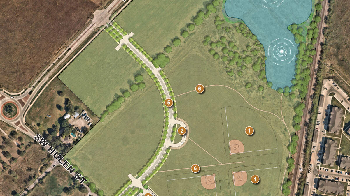 A rendering showing phase 1 of the new Burleson community park, which will feature softball fields, sports courts, a large pond, trails, paths, a dog park and other amenities. 