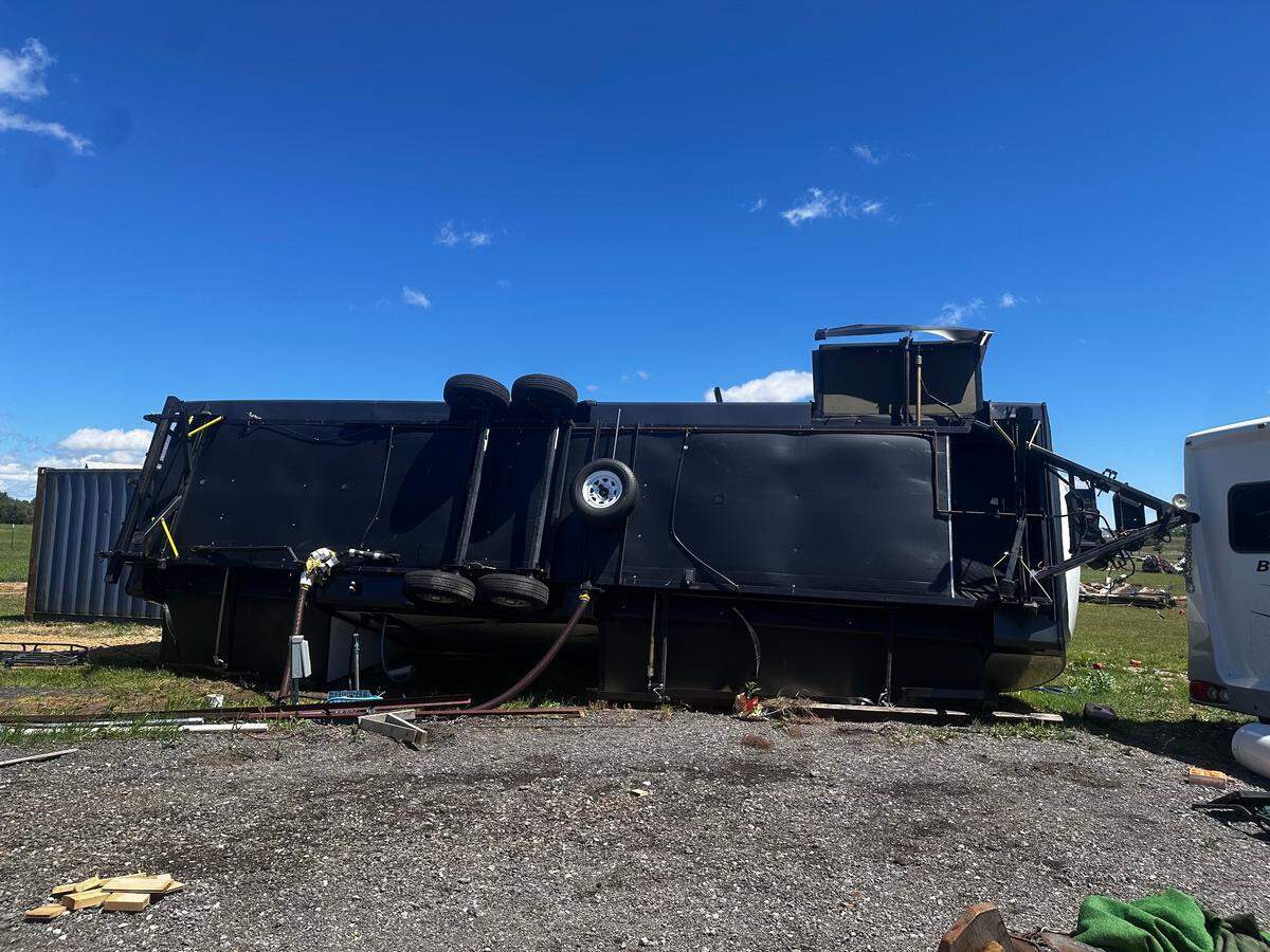 A RV that belongs to the Bell family flipped over during a possible tornado in Parker County on Saturday night, April 19, 2025. Diane Bell said her son was in the RV when it overturned. He had some bruises but no major injuries, she said on Sunday.