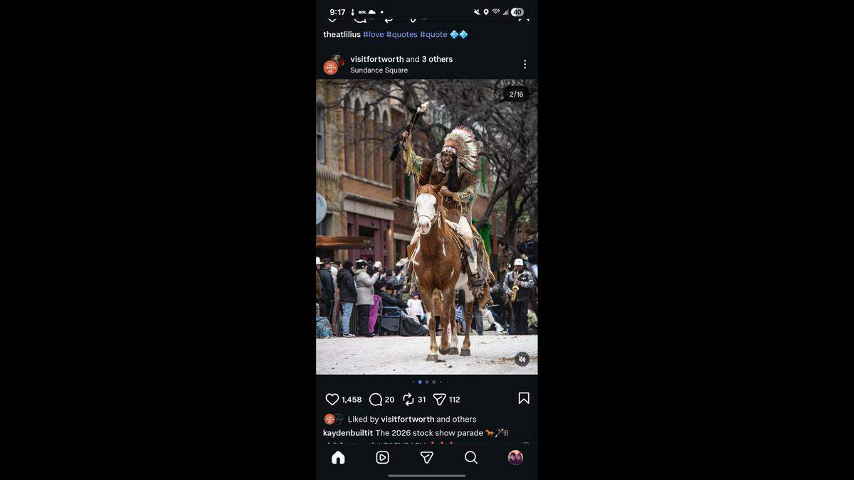 An Instagram post shows a man dressed as a Native American in the Fort Worth Stock Show and Rodeo’s All Western Parade. He appears to be wearing makeup to darken his complexion.