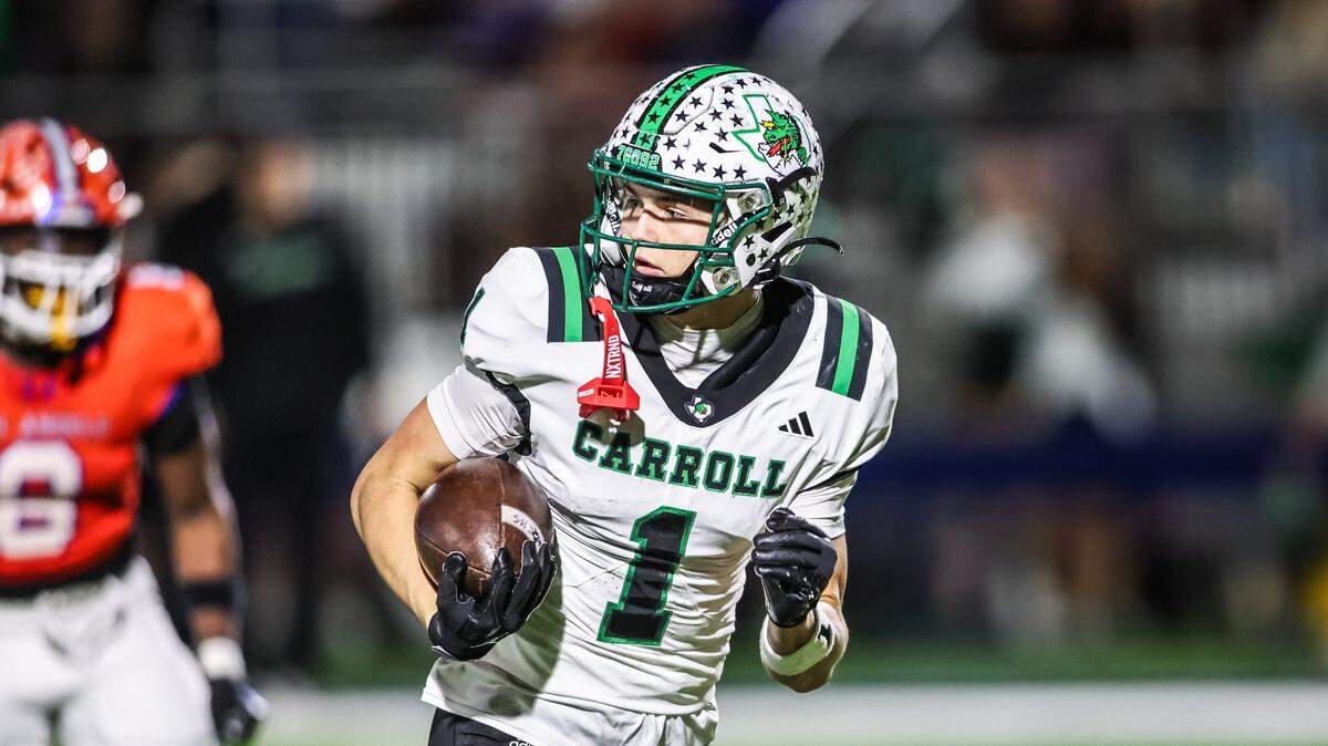 Southlake’s Brock Boyd catches a TD pass in the first quarter against San Angelo Central in a Class 6A Division II area playoff game Nov. 21 at Art Briles Stadium in Stephenville.