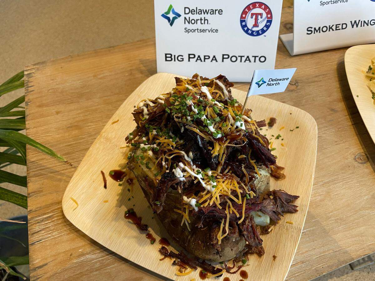The Hurtado big papa potato is topped with shredded brisket.