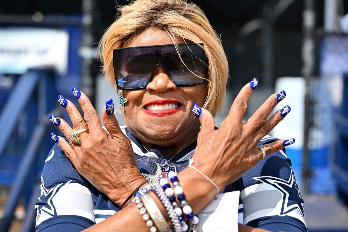 OXNARD, CA - AUGUST 01: Dallas Cowboys super fan Carolyn Price attends training camp at River Ridge Fields on August 1, 2022 in Oxnard, California. (Photo by Jayne Kamin-Oncea/Getty Images)