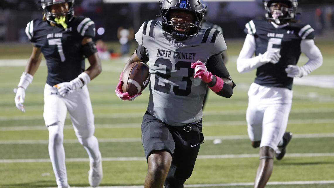 North Crowley running back Kiante Ingram (23) heads to the end zone during the first half of a UIL football game between North Crowley and Lake Ridge at Vernon Newsom Stadium in Mansfield, Texas, Thursday, October 09, 2025.