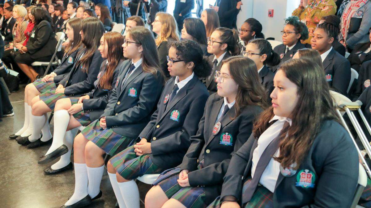 Students at the Young Women’s Leadership Academy listening to House Speaker Nancy Pelosi speak. The campus was given an A rating by the state for 2019.