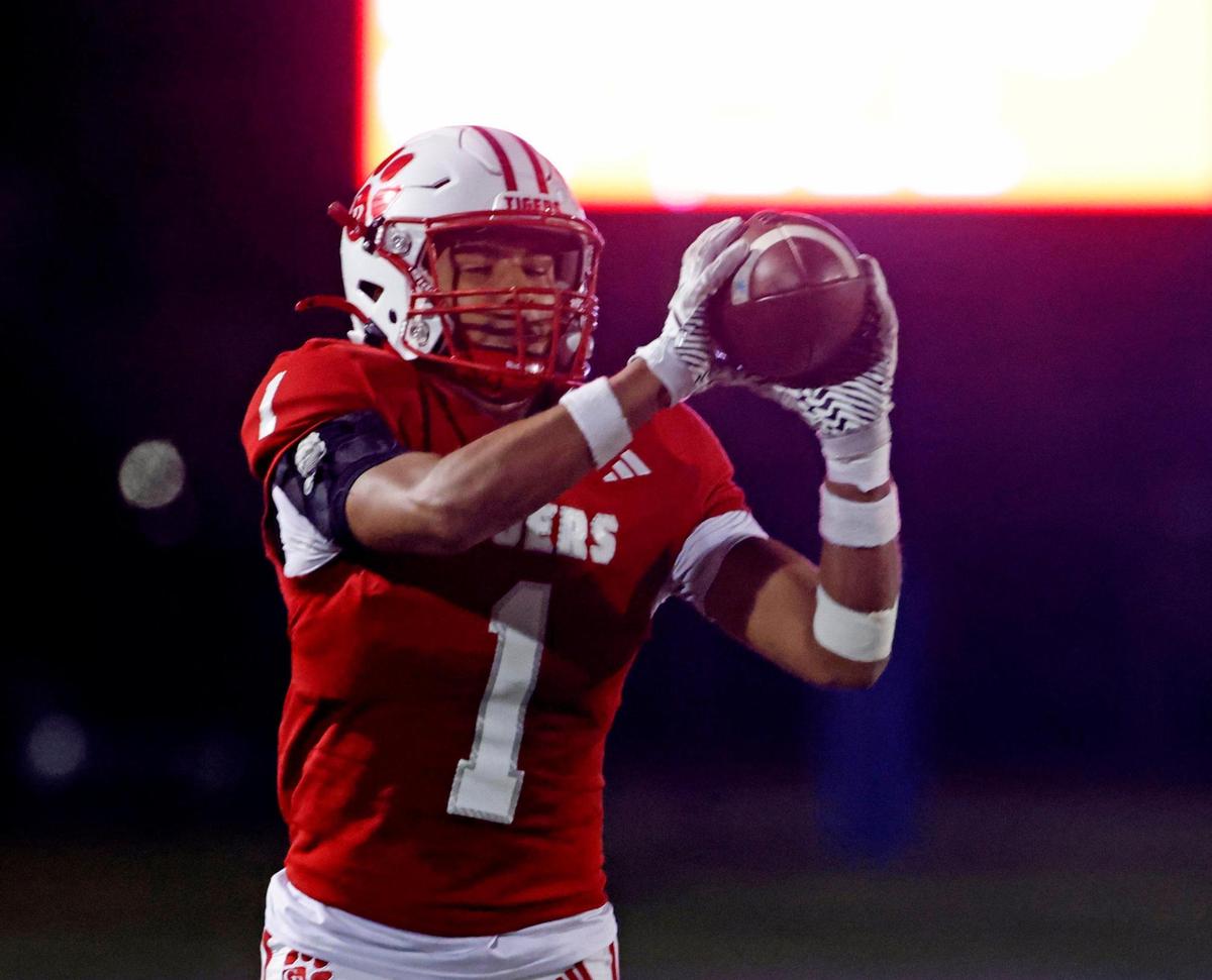 Glen Rose defensive back Adrian Sanchez (1) grabs an interception during an UIL 4A D2 Region 1 Bi-district football playoff game at Kangaroo Stadium in Weatherford, Texas, Friday, Nov. 15, 2024.