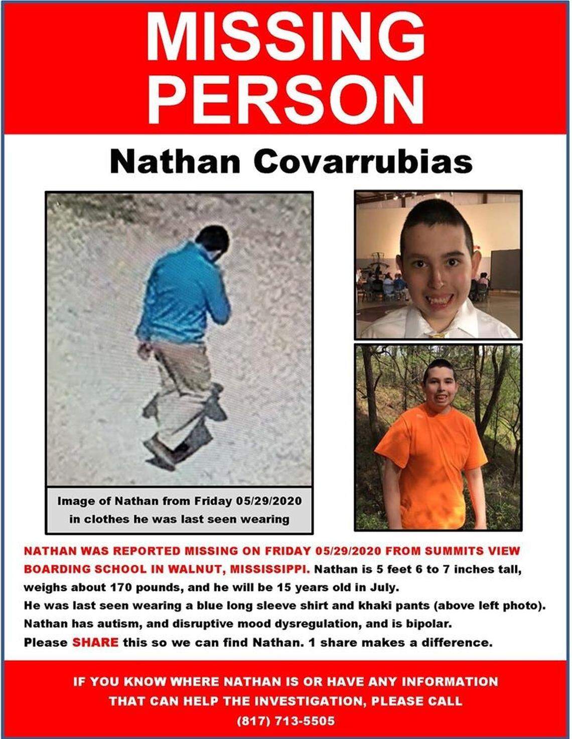 Nathan Covarrubias, a teen from Fort Worth, was reported missing after leaving his school in Mississippi.