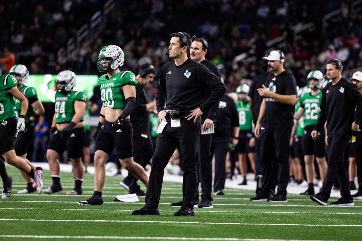 Southlake Carroll Head Coach Riley Dodge reacts to his team failing to score a touchdown on fourth and goal late in the fourth quarter of the UIL 6A Division II championship game at AT&T Stadium in Arlington on Saturday, Dec. 21, 2024.