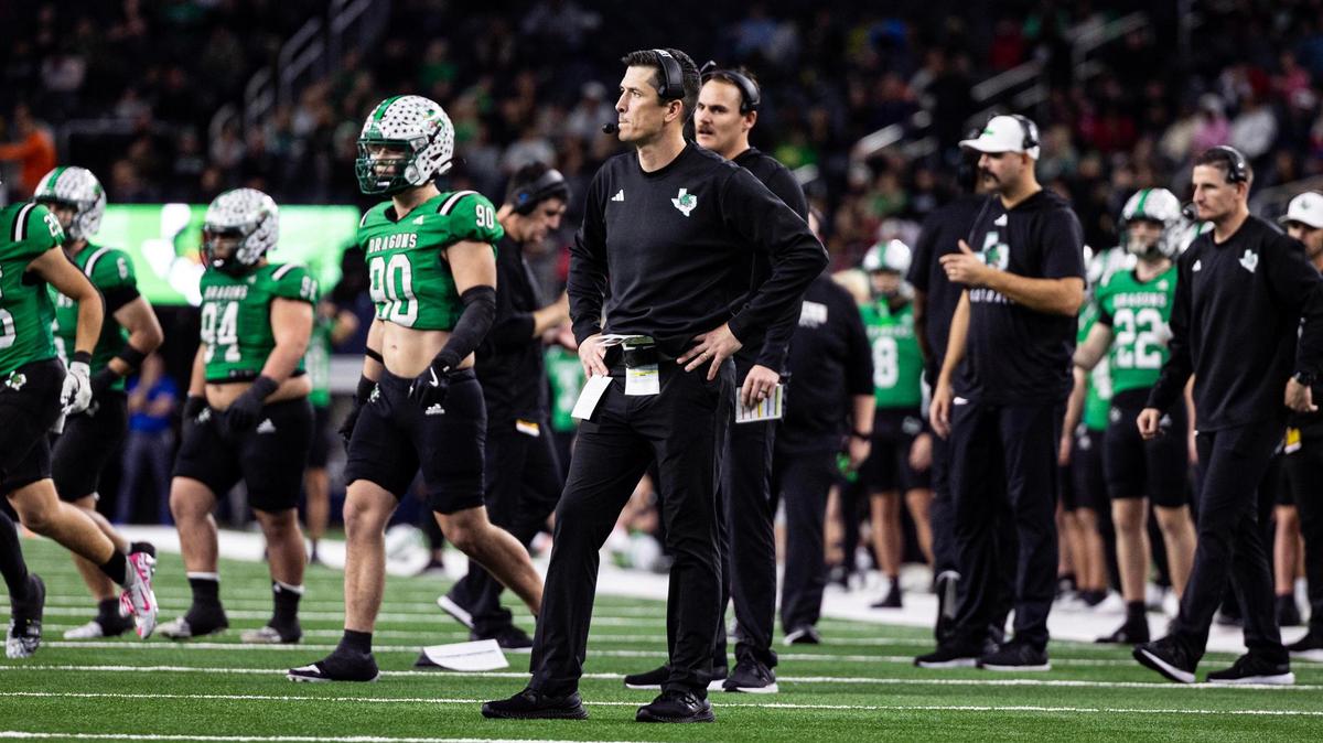 Southlake Carroll Head Coach Riley Dodge reacts to his team failing to score a touchdown on fourth and goal late in the fourth quarter of the UIL 6A Division II championship game at AT&T Stadium in Arlington on Saturday, Dec. 21, 2024.
