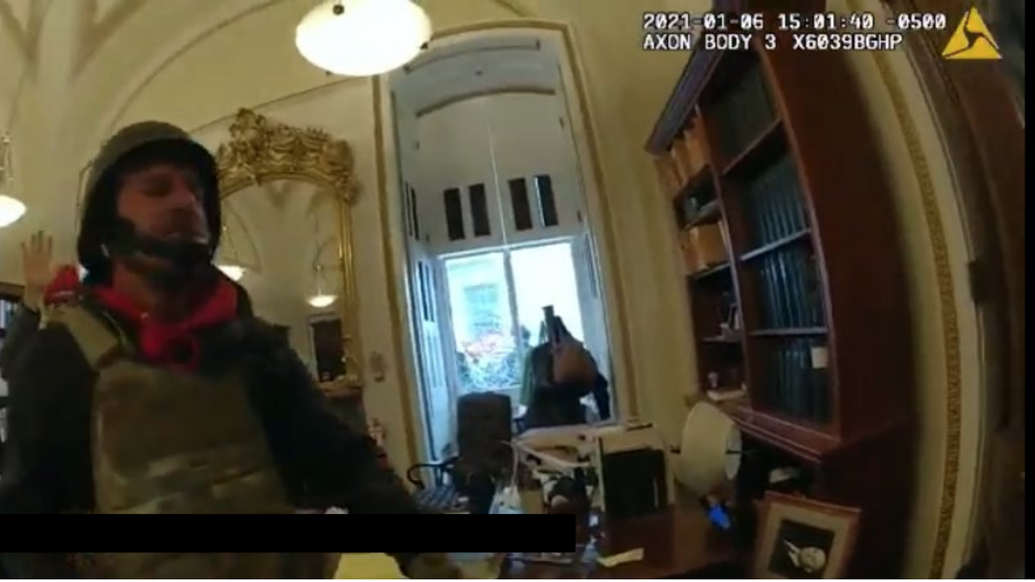 Donald Hazard, 43, of Hurst is accused of physically attacking U.S. Capitol Police officers on Jan 6. Court documents identify Hazard in this footage as he entered the Senate Parliamentarian’s office.