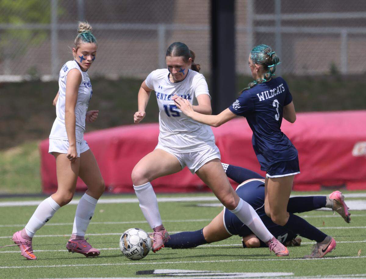 Burleson Centennial defender Mardie Frye (15) takes the ball away from Walnut Grove midfielder Kylee Giametta (3) during the first half of a UIL Conference 5A Division I state semifinal soccer game at Keller ISD Athletic Complex in Keller, Tx. Friday, April 03, 2026.