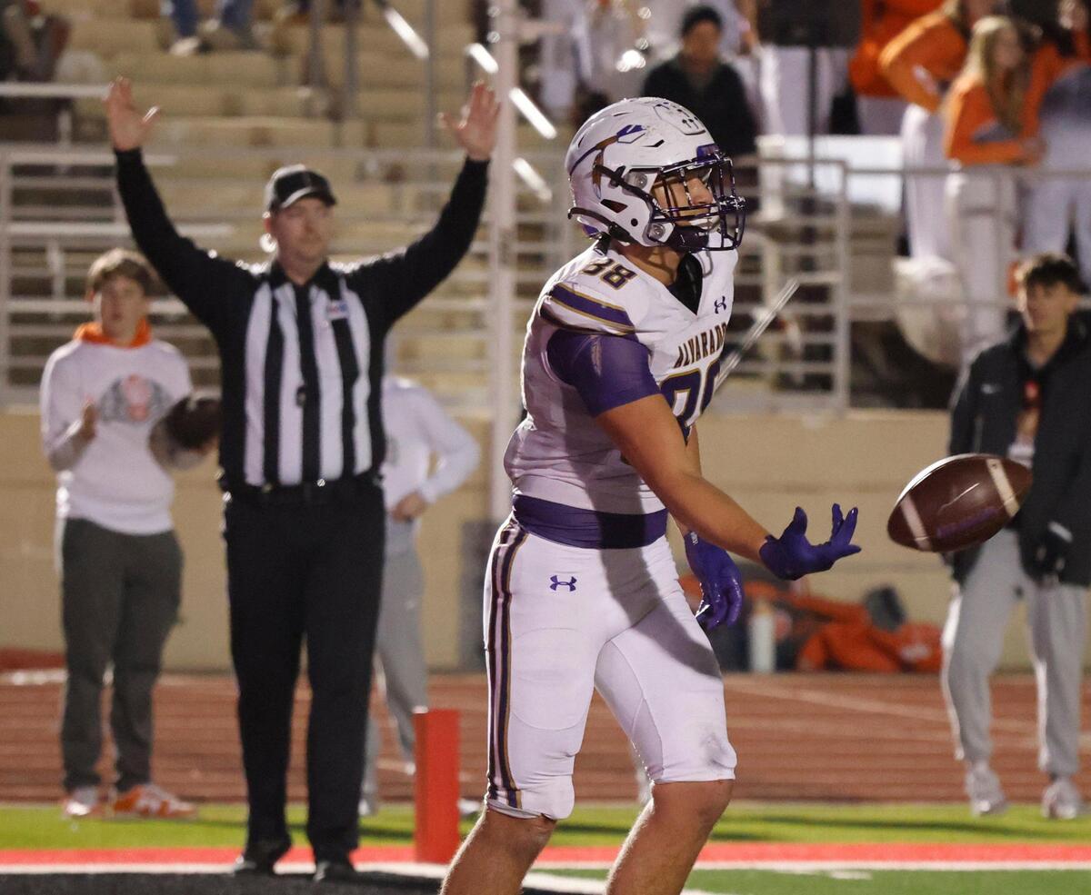 Alvarado tight end Hunter Byerley (88) tosses the ball after scoring during the UIL 4A D1 Quarterfinals at Mustang-Panther Stadium in Grapevine, Texas, Friday, Dec. 06, 2024.