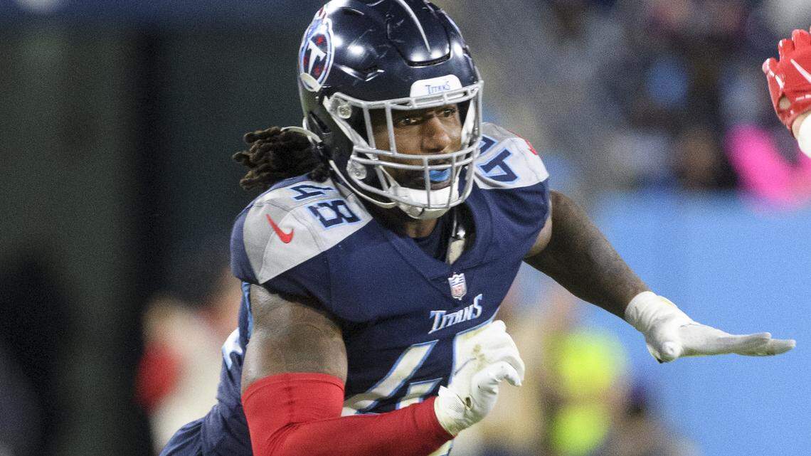 Tennessee Titans outside linebacker Bud Dupree (48) plays against the Buffalo Bills during an NFL football game on Monday, Oct. 18, 2021, in Nashville, Tenn. (AP Photo/John Amis)