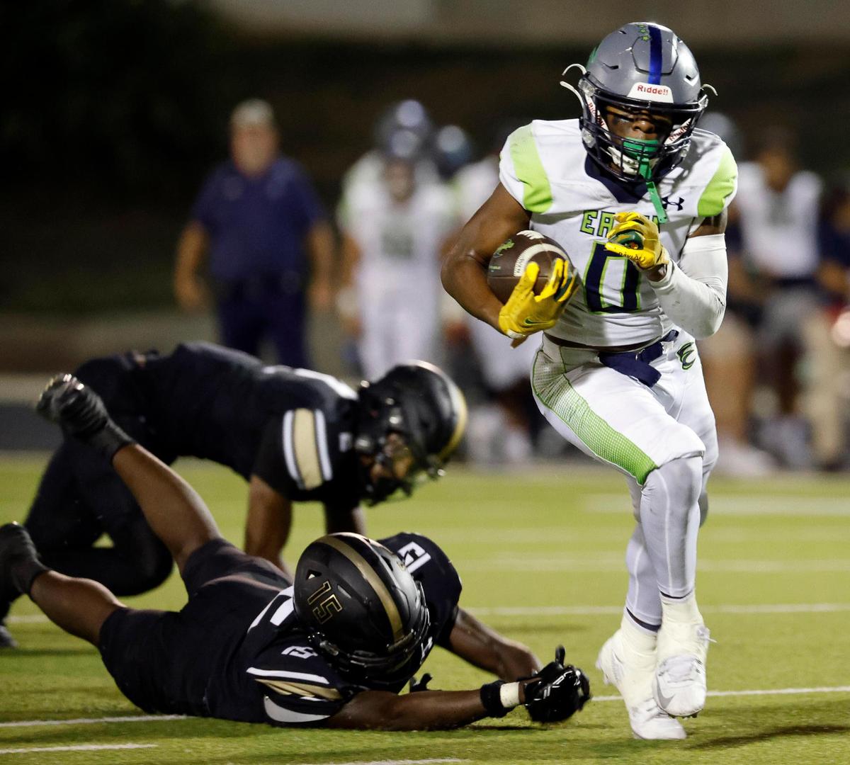 Eaton running back Chris Duharte (0) heads to the end zone for six in the first half of a UIL high school football game at Keller ISD Stadium in Keller, Texas, Thursday, Sept. 21, 2023. Eaton led 24-14 at the half.