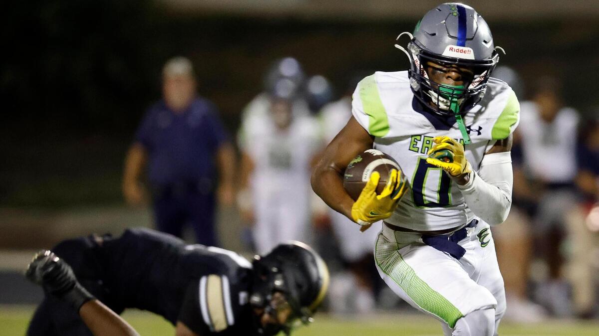 Haslet Eaton running back Chris Duharte (0) heads to the end zone for six in the first half of a UIL high school football game at Keller ISD Stadium in Keller, Texas, Thursday, Sept. 21, 2023.