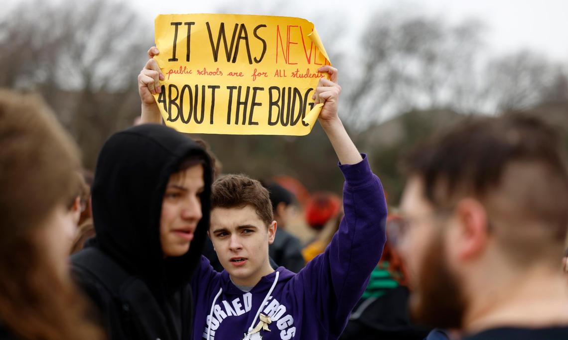 Keller ISD students gather near Timber Creek High after walking out of school on Friday, Feb. 7, to protest the proposed split of the school district.