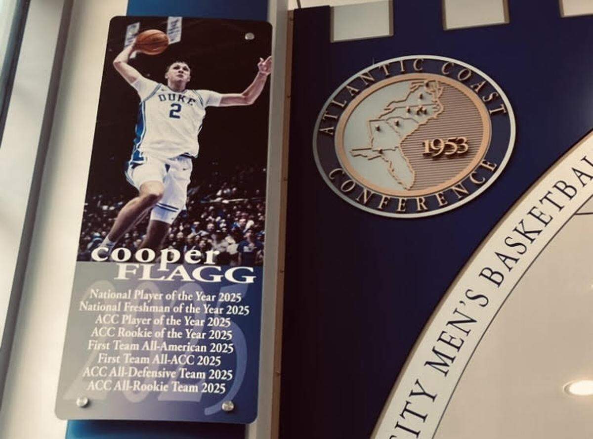 New Dallas Mavericks forward Cooper Flagg was the 2024-‘25 national player of the year at Duke. He is honored and recognized at Duke basketball’s hall of fame, inside Cameron Indoor Stadium on Duke’s campus.