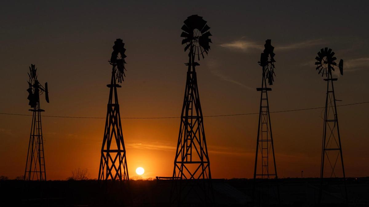 Windmills are silhouetted at sunset on Highway 81 in Bowie, TX on Saturday, March 1, 2025.
