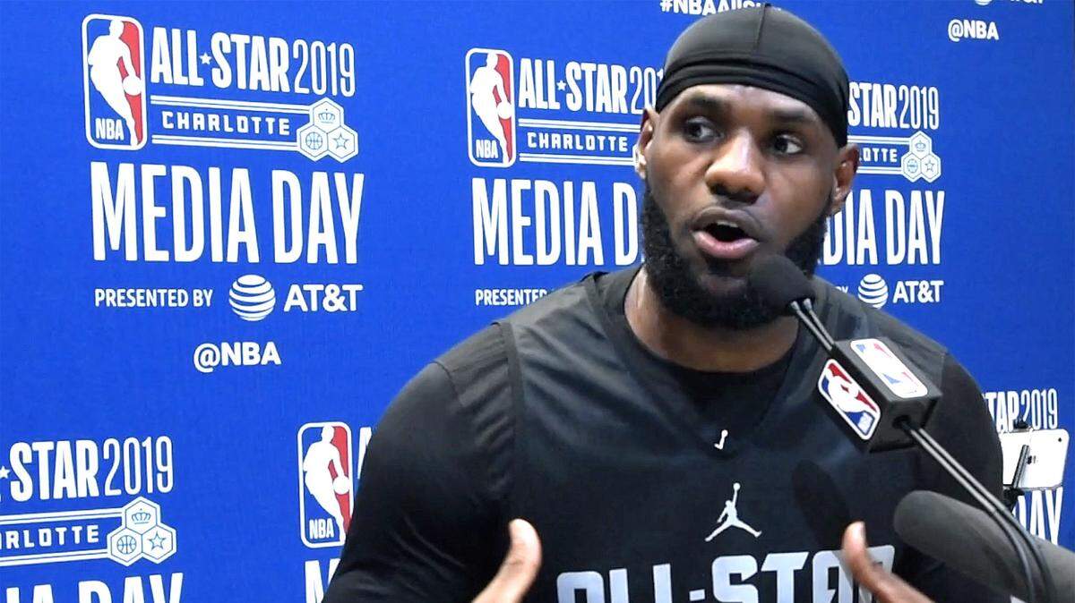 Los Angeles Lakers forward and NBA All-Star LeBron James says that he stands and kneels with former NFL quarterback Colin Kaepernick prior to All-Star practice at Bojangles’ Coliseum in Charlotte, NC on Saturday, February 16, 2019. James made the statement during Media Day.