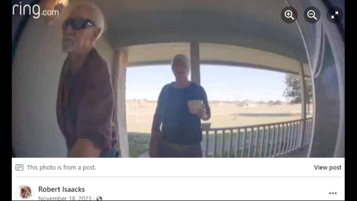 Isaacks and his accused killer, Freda Thomas, seen entering a home in Bandera County, Texas, on Nov. 15, 2023.