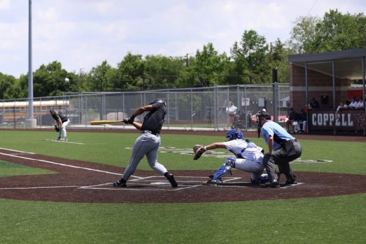 Kennedale’s D.J. Darjean rips a bases-loaded triple to right field to cut Aubrey’s lead to 5-4 in Game 3 of their Class 4A Division 2 area-round series on Saturday, May 10, 2025 at the Coppell Baseball/Softball Complex in Coppell, Texas. Kennedale rallied to defeat Aubrey 7-5.