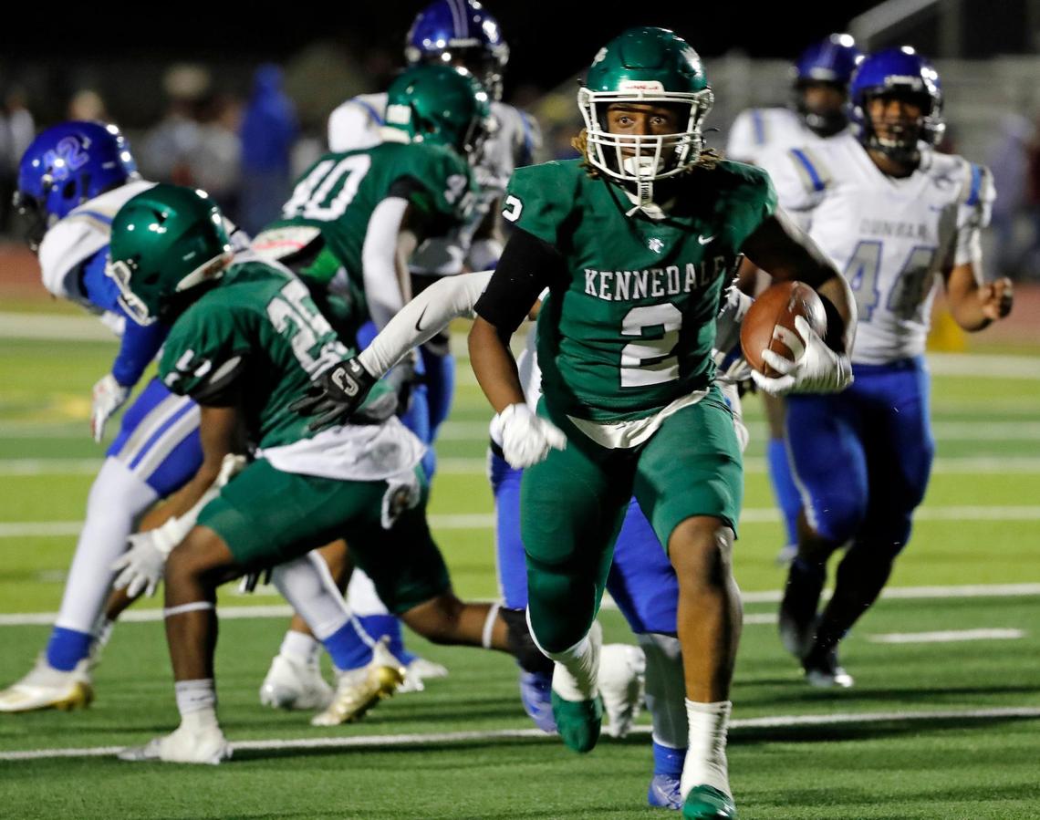 Kennedale running back Cameron Lyles (2) takes it to the end zone to put Kennedale up by 50 in the first half of a District 6-4A D1 high school football game at Wildcat Stadium in Kennedale, Texas, Friday, Nov. 04, 2022. Kennedale led Dunbar 50-0 at the half. (Special to the Star-Telegram Bob Booth)
