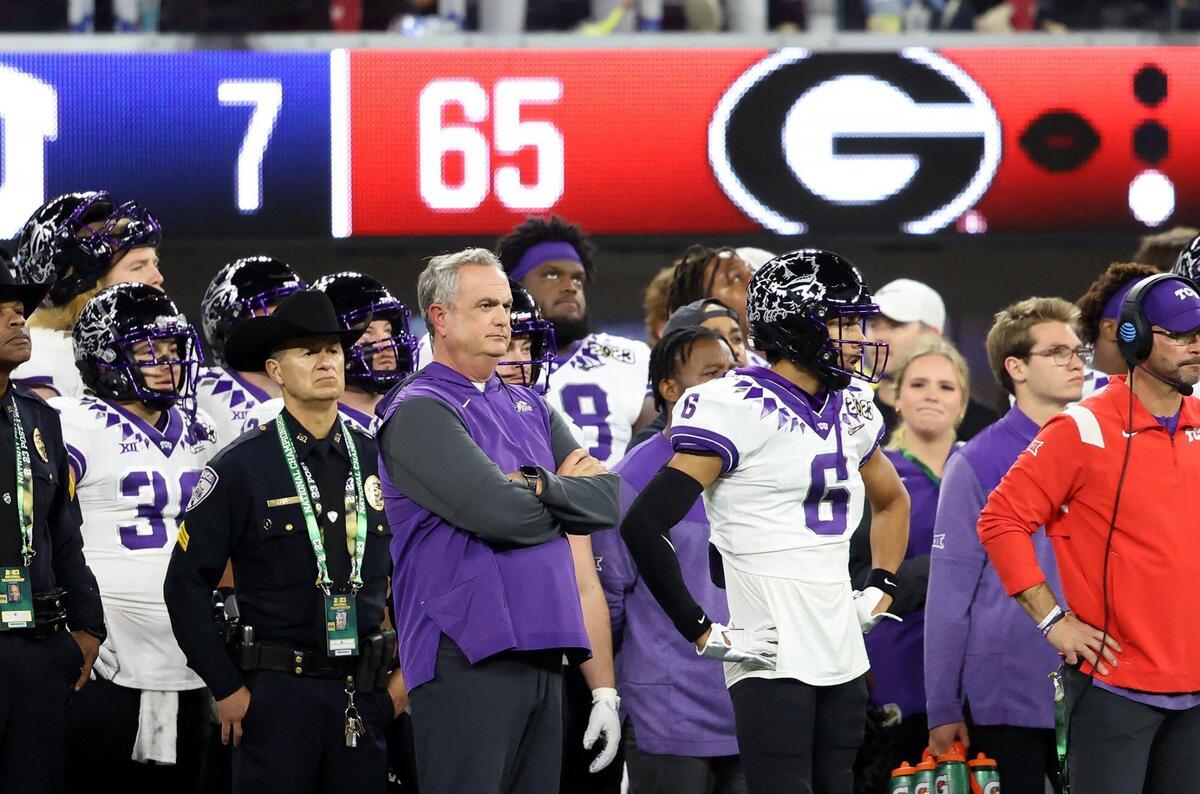 TCU head coach Sonny Dykes watches during the final minutes of the 2023 College Football Playoff National Championship on Monday, January 9, 2023, at SoFi Stadium in Inglewood, Calif. Georgia defeated TCU, 65-7.