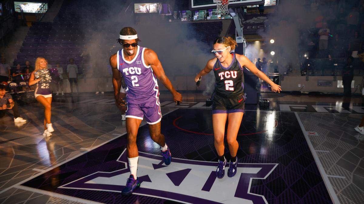 Forward Emmanuel Miller and guard Tara Manumaleuga TCU Schollmaier Live! in Fort Worth, Texas on October 21, 2022.