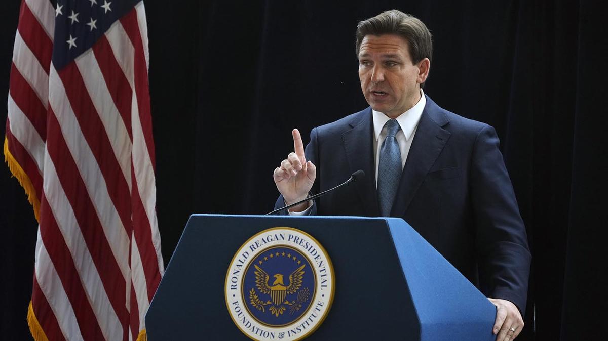Florida Republican Gov. Ron DeSantis speaks at the Ronald Reagan Presidential Library in Simi Valley, Calif., on March 5. (AP Photo/Damian Dovarganes)