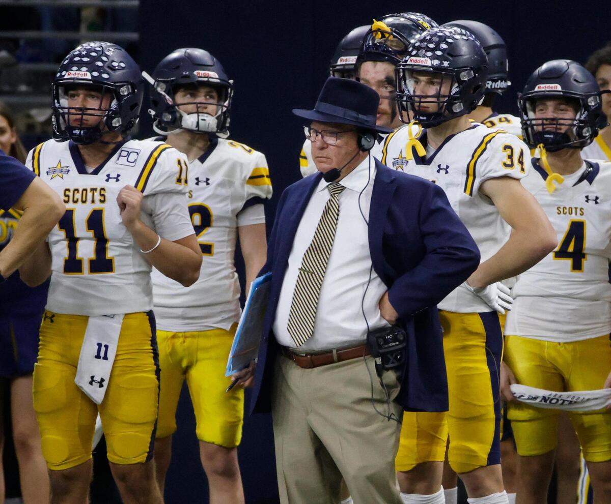 Highland Park head coach Randy Allen looks on from the sidelines during the UIL 5A D1 Semifinals football game at The Ford Center in Frisco, Texas, Friday, Dec. 13, 2024.
