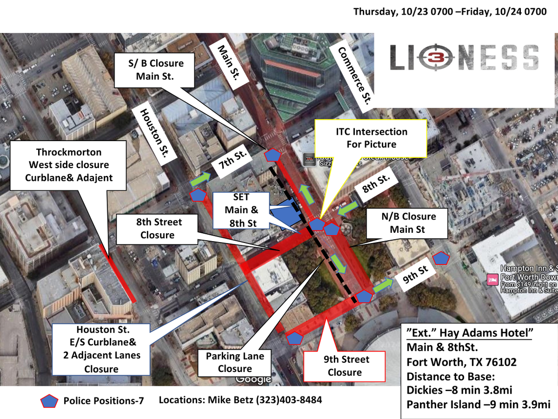 A map of road closures in downtown Fort Worth for “Lioness” season 3 filming.