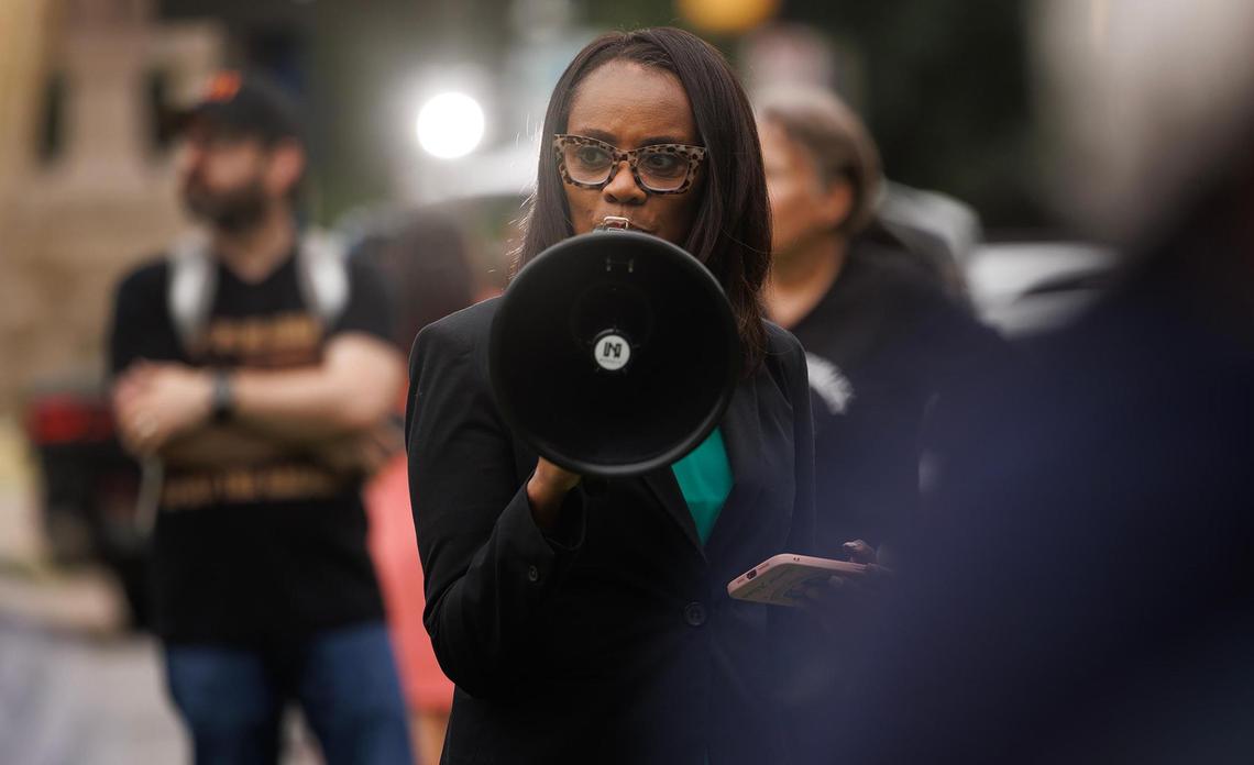 Tarrant County Commissioner Alisa Simmons speaks during a rally before the vote to redraw precinct boundaries on Tuesday, June 3, 2025, outside the G.K. Maenius Administration Building.