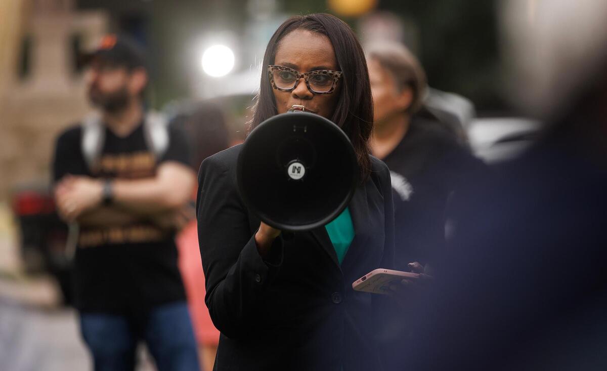 Tarrant County Commissioner Alisa Simmons speaks during a rally before the vote to redraw precinct boundaries on Tuesday, June 3, 2025, outside the G.K. Maenius Administration Building.