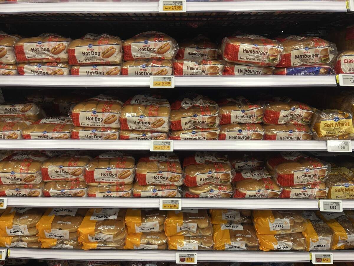 Hot dog and hamburger buns at a Kroger supermarket in Fort Worth on June 30, 2026. The price of ground beef has jumped 5% over 2025, according to the American Farm Bureau Federation.