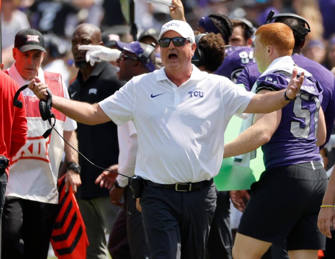 TCU head coach Sonny Dykes reacts to a no-call in the second half of a NCAA football game at Amon G. Carter Stadium in Fort Worth,Texas, Saturday Sept. 02, 2023. Colorado defeated TCU 45-42. (Special to the Star-Telegram Bob Booth)