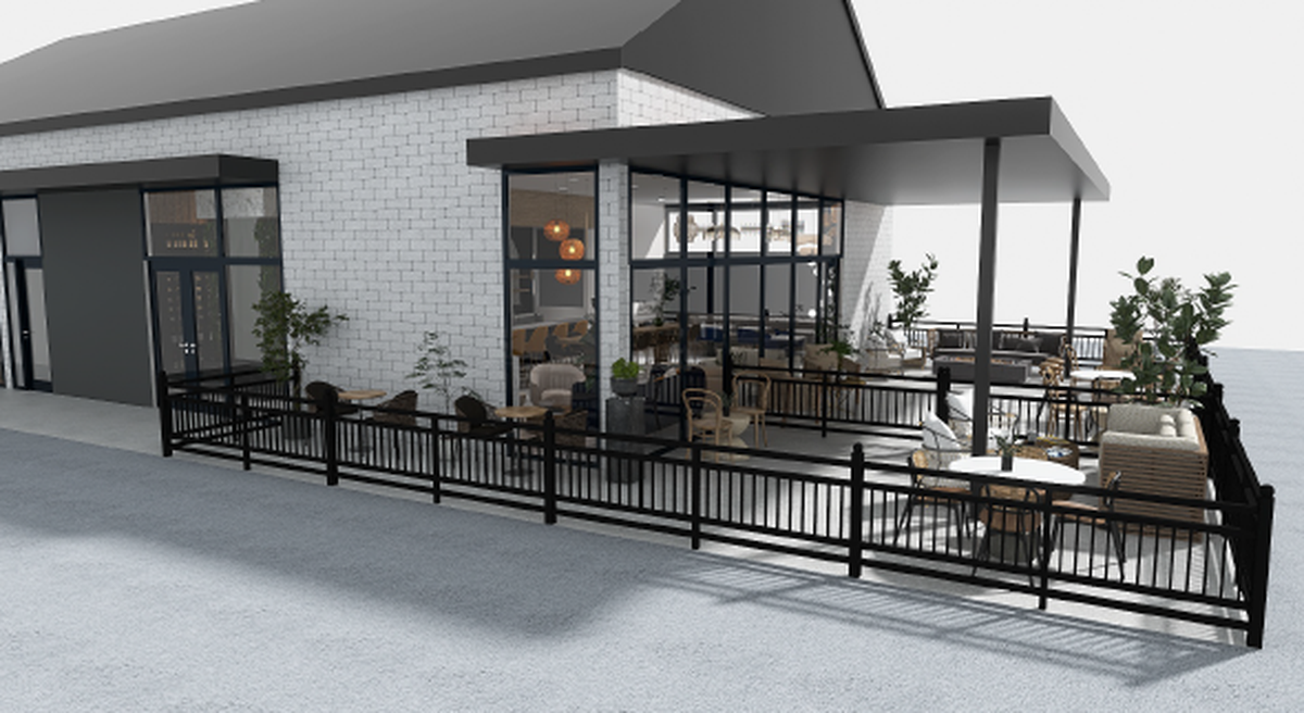 Renderings of the patio with cigar corner at 9 Ounce and Somm in north Fort Worth.