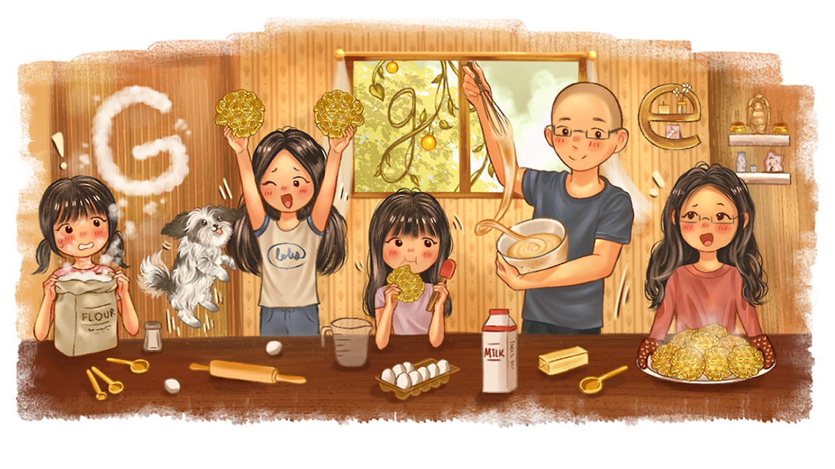 An Asian American family, four girls and one man with a pet dog, at a counter preparing food together.