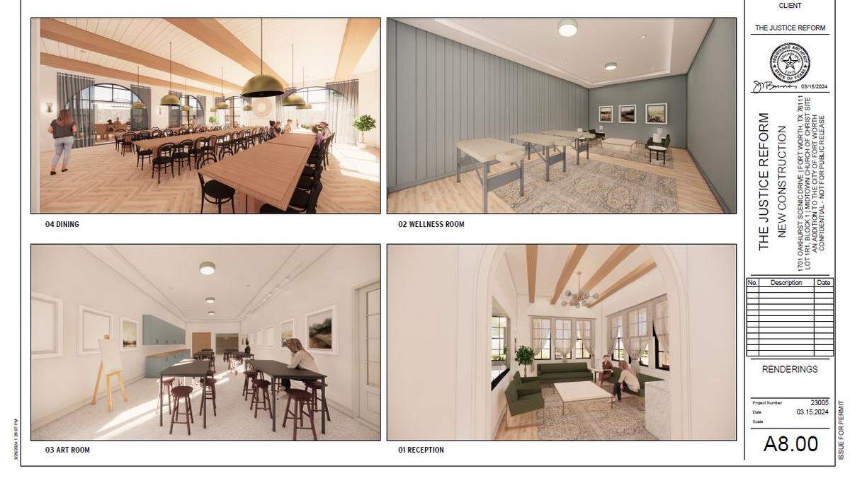 Four renderings of the inside of a building showing a dining room, reception area, art room, and wellness room.