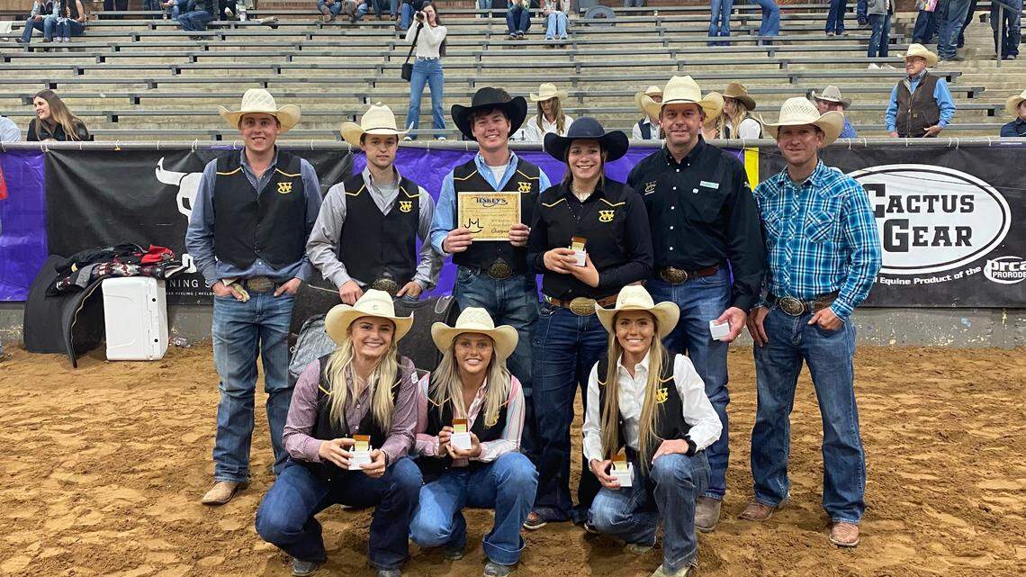 The Weatherford College women’s rodeo team made school history by winning the National Intercollegiate Rodeo Association Southwest Region and qualifying the entire squad into the College National Finals Rodeo in Casper Wyoming, June 11-19. The four women are, front row, from left, Bradi Good, Sophie Dunn and Kodey Hoss; and back row, fourth from left, Sawyer Gilbert. Also qualifying were three members of the men’s team. They are, back row, from left, Blake Bentley, Chance Thiessen and Jace Helton. Also pictured are head coach Johnny Emmons (black shirt) and assistant coach Seth Cooke.