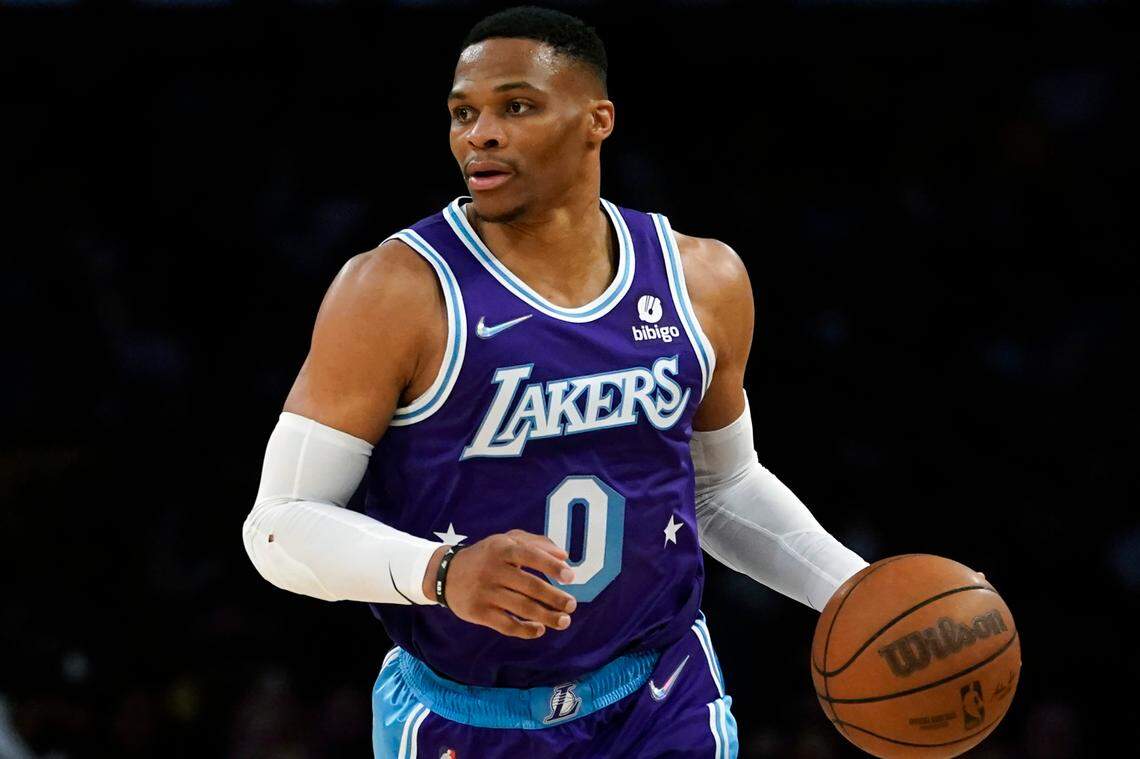 Los Angeles Lakers guard Russell Westbrook (0) joined the Lakers in 2021.