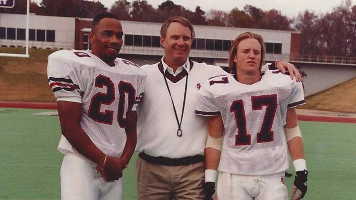 TCU co-offensive coordinator Curtis Luper (left) with his Stephen F. Austin coach John Pearce (center) and Pearce’s son/ WR Mike Pearce (right).