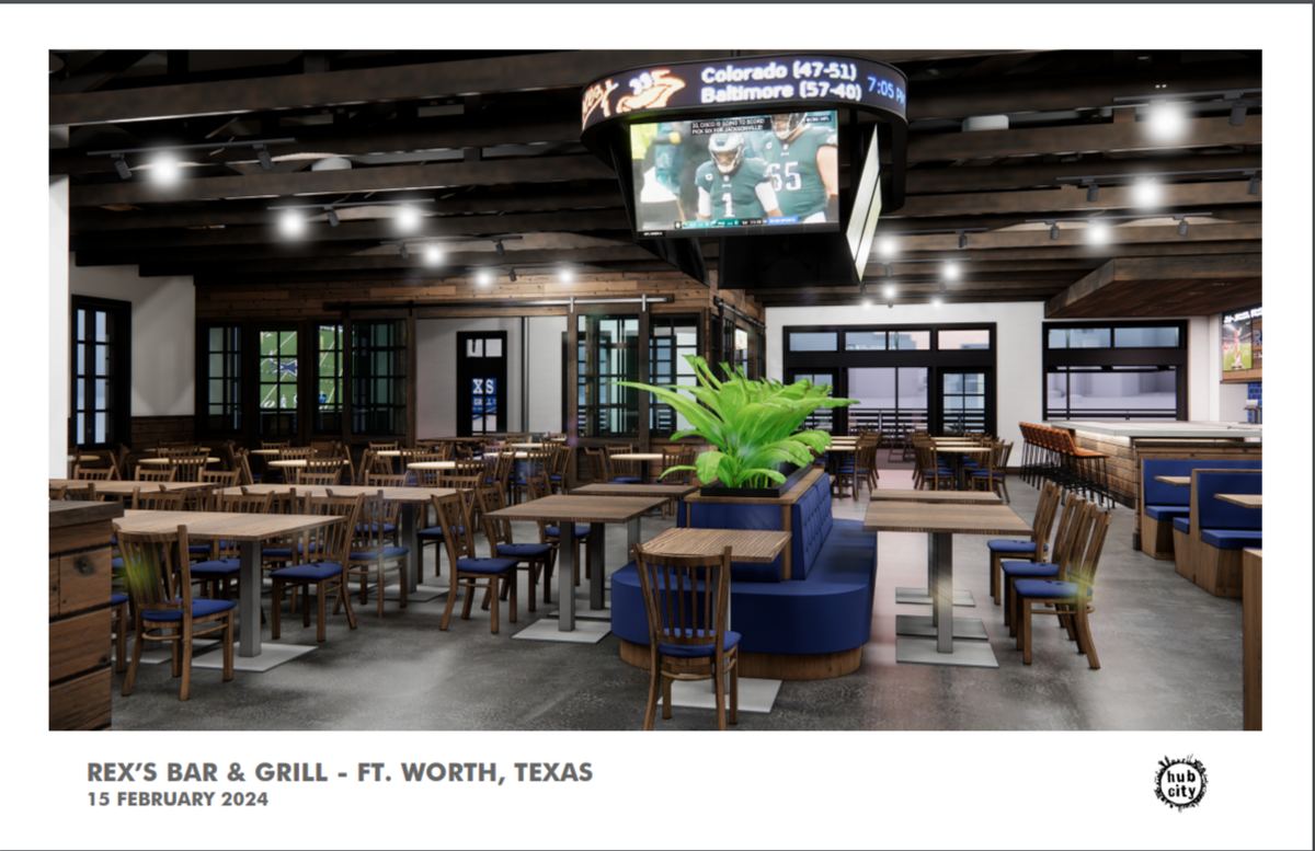 Rex’s Bar & Grill will have a billboard with an overhead sports ticker when it opens in late summer or early fall in Fort Worth.